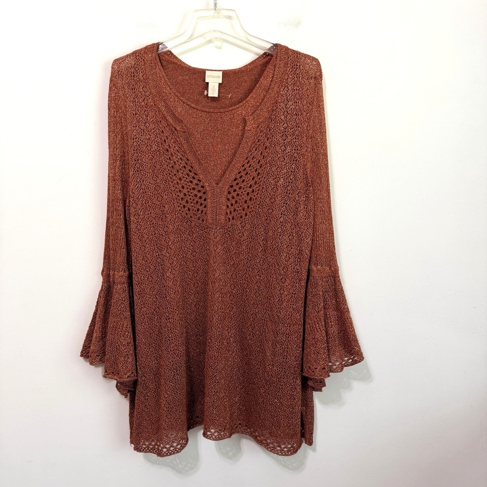 Chicos Crochet Knit Bell Sleeve Top Tunic 2 Large Copper Layer Tank Sweater